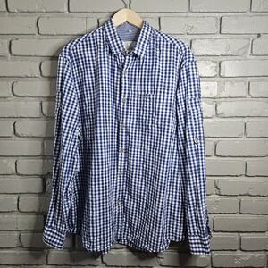 Bavaria Trachten Mens Button Down Shirt Blue Gingham Plaid 2XL